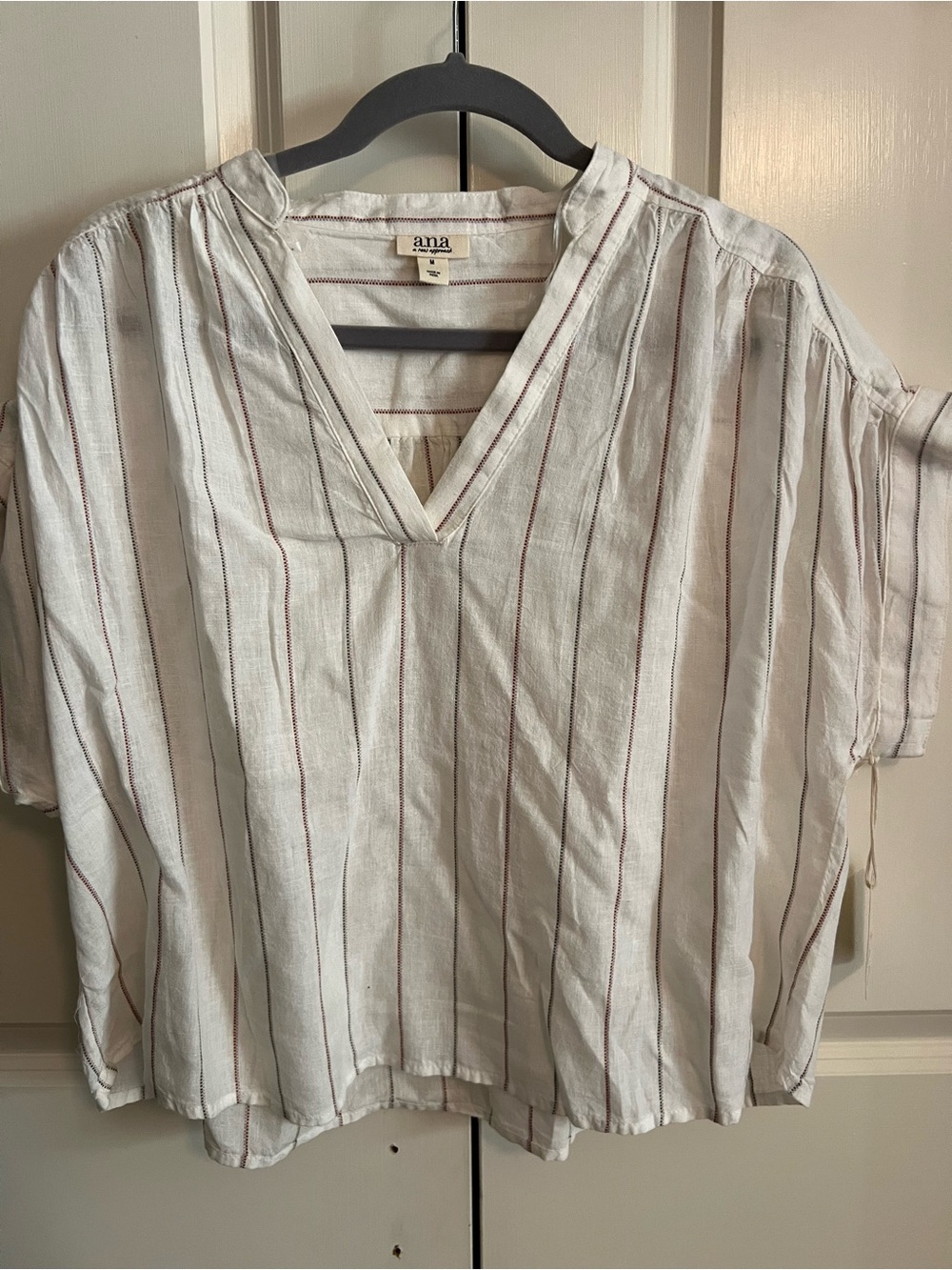 a.n.a White V‑Neck Short Sleeve Striped Blouse
